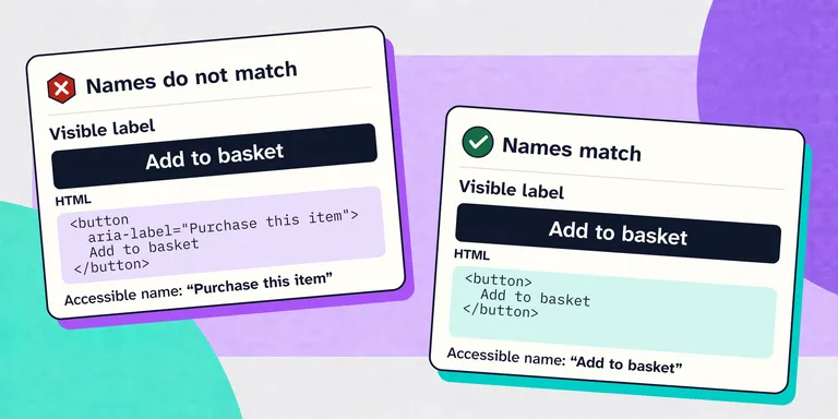 Both buttons visibly say Add to basket. In the first HTML example, aria-label replaces its accessible name with Purchase this item. The second removes that attribute, so Add to basket supplies both the visible label and accessible name.