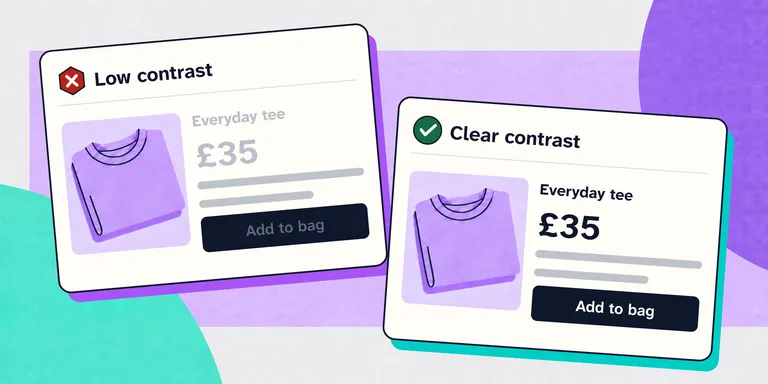 Two £35 T-shirt cards: one has pale grey text and a low-contrast 'Add to bag' label; the other has clear dark text and a white button label.