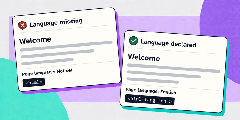 Two English webpages compare a missing language declaration with lang='en' set on the HTML element.