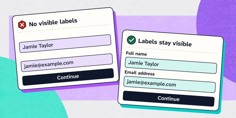 Two filled forms: one has no visible field labels; the other keeps 'Full name' and 'Email address' labels above the entered values.