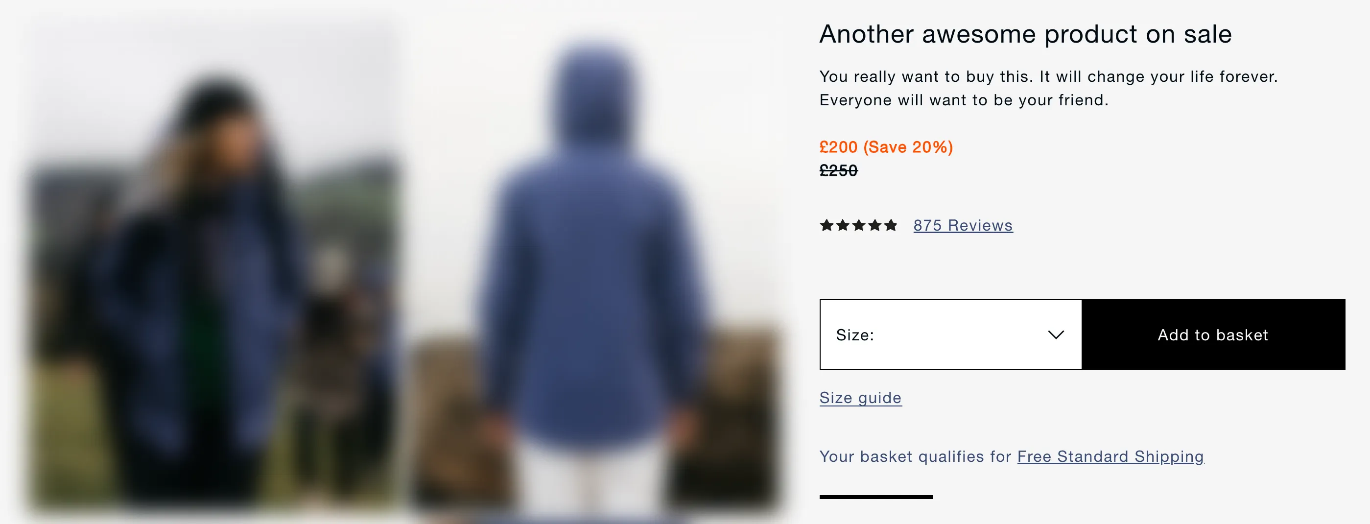 Product page showing a jacket on sale priced at £200 with “Save 20%” displayed next to it, previous price £250 struck through below, star rating with 875 reviews, size dropdown, and “Add to basket” button.