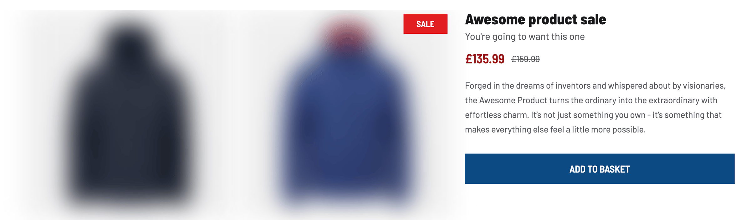 Product page showing two jacket images, a red “Sale” label, product title “Awesome product sale”, discounted price £135.99 reduced from £159.99, descriptive marketing text, and a prominent “Add to basket” button.