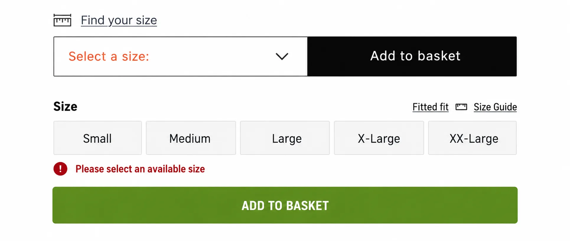 Two size-selection examples. The first shows a red "Select a size" prompt beside the basket button. The second shows size buttons with a separate written error and warning icon underneath.