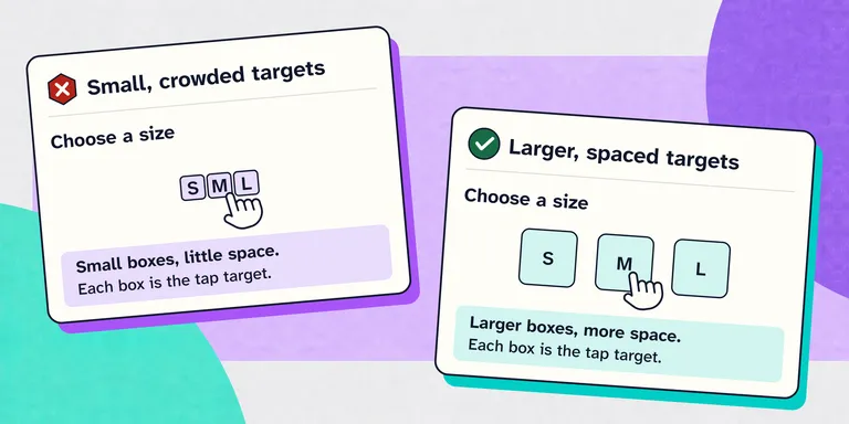 The same pointing-hand cursor hovers over M in two S, M and L size selectors. Small, crowded buttons are compared with larger, spaced buttons; the letters and cursor stay the same size.
