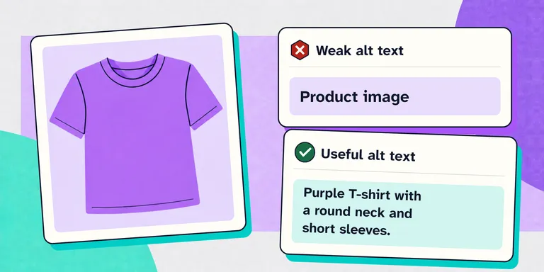 A purple T-shirt shown with weak alt text, 'Product image', and useful alt text, 'Purple T-shirt with a round neck and short sleeves.'